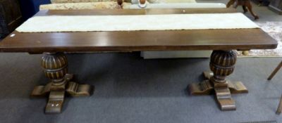 20th century solid oak small refectory dining table with plain three-section top supported on two