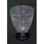 Art Deco glass vase of flared form on stepped purple base, decorated with stylised leaves in relief,