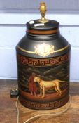 Colonial style toleware canister table lamp hand painted with figure with bull mastiff dog in