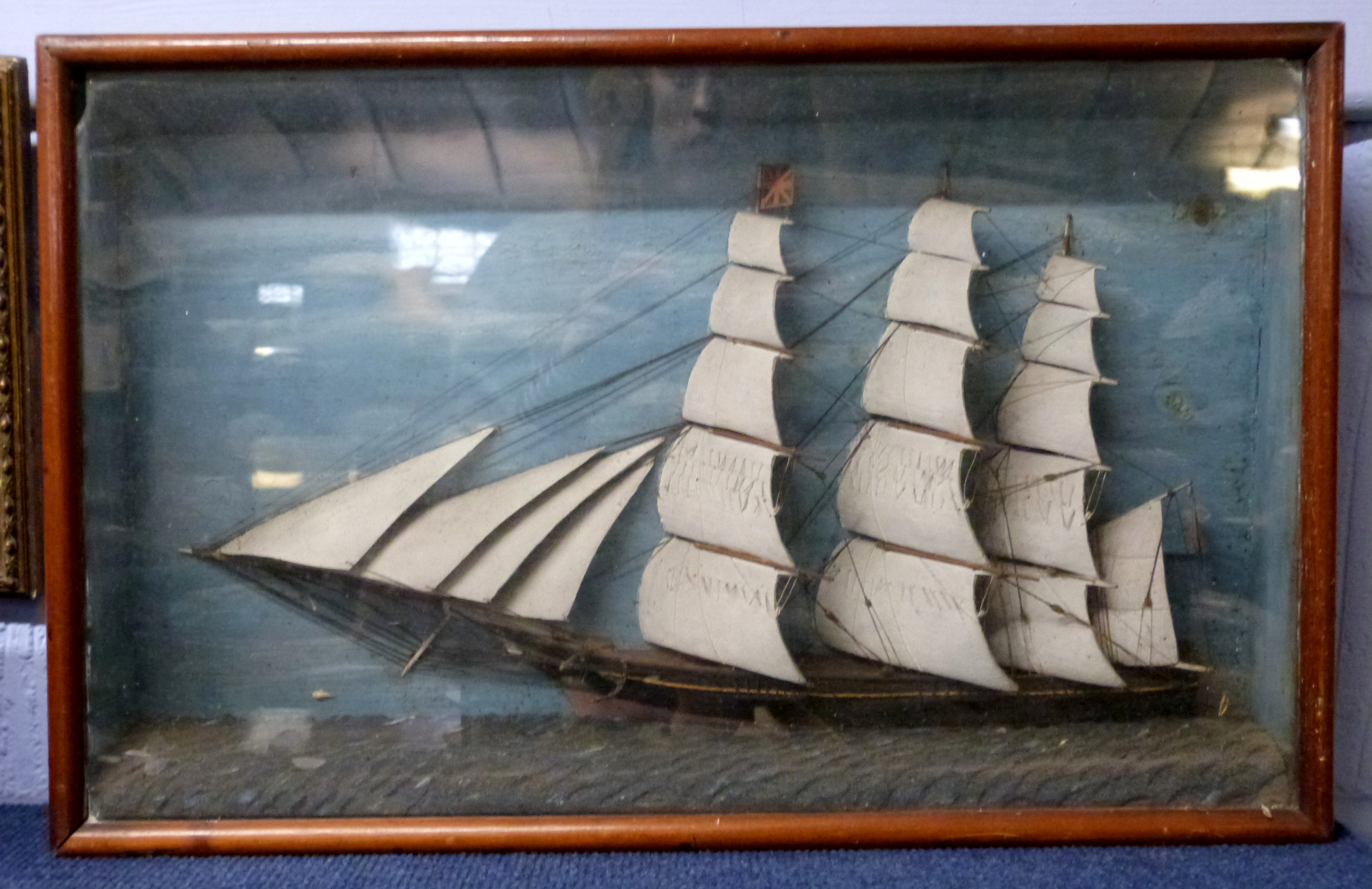 19th century model of a sailing ship in wooden frame, the case 50cm long