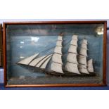 19th century model of a sailing ship in wooden frame, the case 50cm long