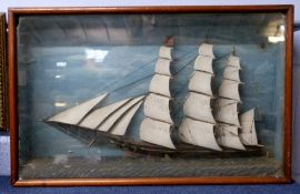 19th century model of a sailing ship in wooden frame, the case 50cm long