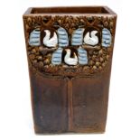 Rectangular shaped vase, the top pierced with three models of birds in a blue surround, the base