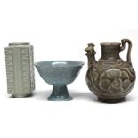 Three pieces of Chinese pottery including a Sung dynasty type chicken jug, small crackle glazed stem