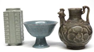 Three pieces of Chinese pottery including a Sung dynasty type chicken jug, small crackle glazed stem