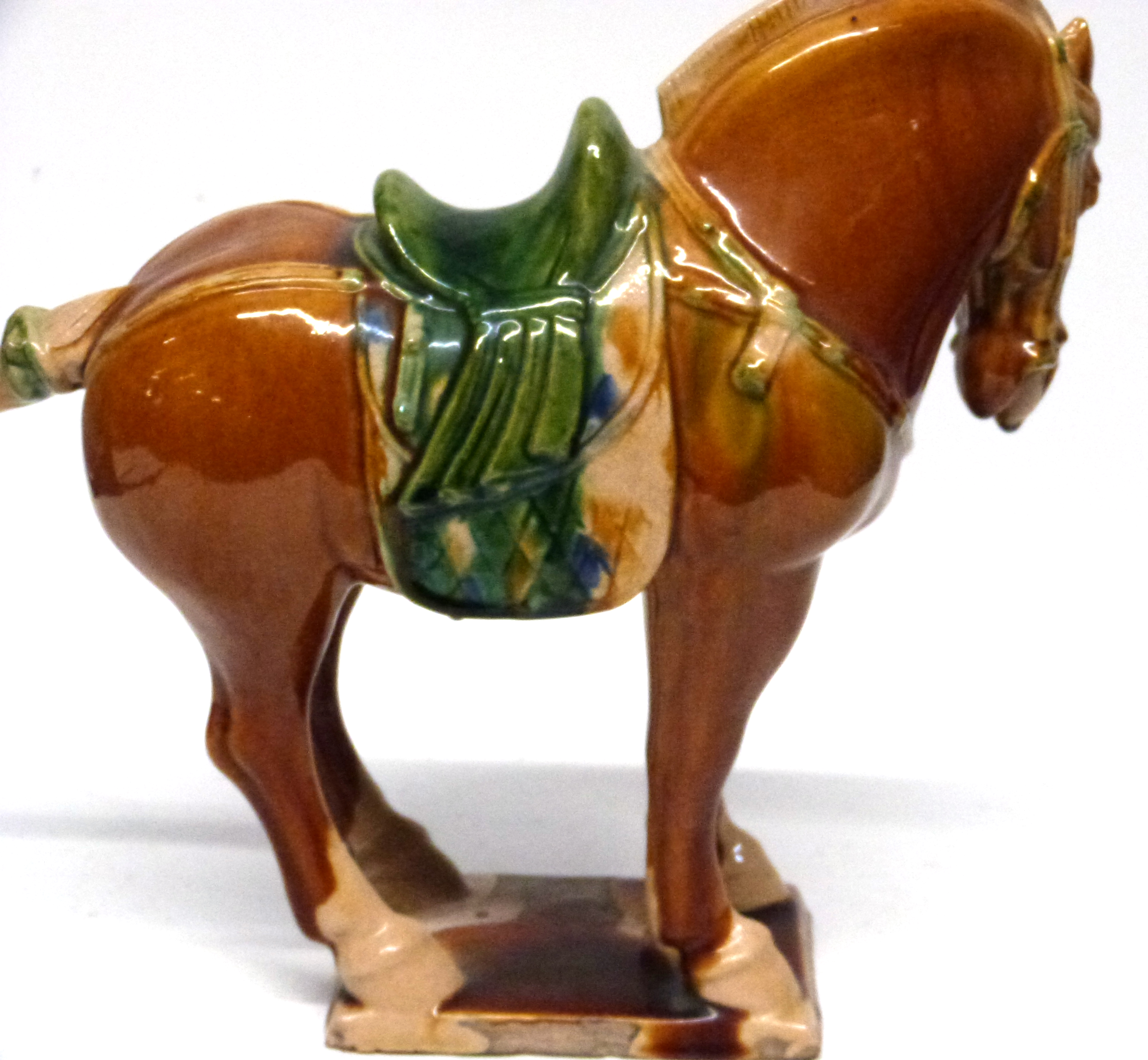 Replica of a Chinese Tang period horse in typical colours of brown and green on rectangular base, - Image 3 of 3