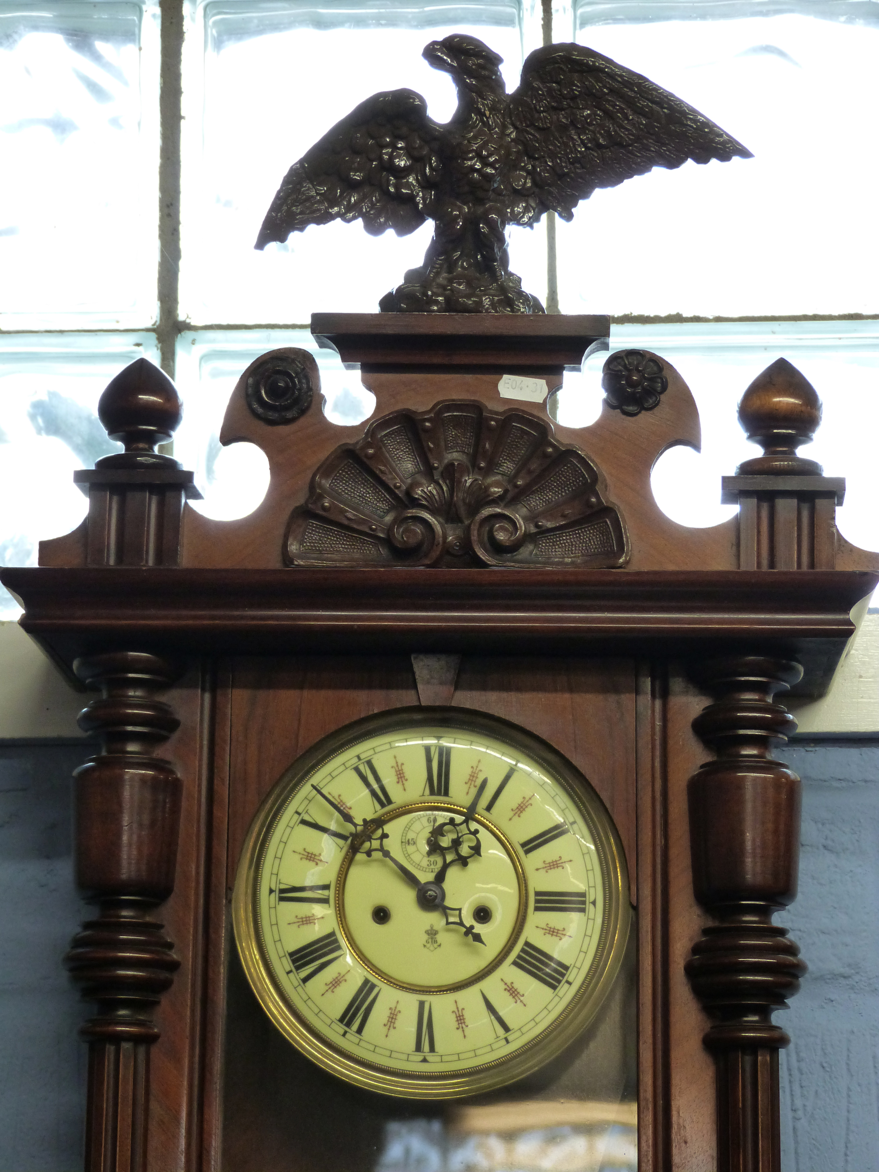 Mahogany cased Vienna type wall clock with eagle crest brass mounted Roman chapter ring within - Image 2 of 2
