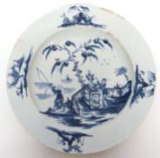 Lowestoft porcelain plate, the centre with a chinoiserie design of man fishing, the border with