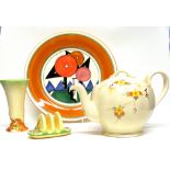 Clarice Cliff style plate together with a Crown Devon toast rack, Clarice Cliff vase and a tea