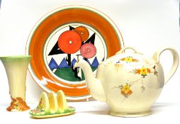 Clarice Cliff style plate together with a Crown Devon toast rack, Clarice Cliff vase and a tea