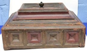 Oriental wooden box with painted decoration in red and black, 43cm long