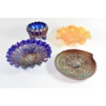 Northwood carnival glass good luck dish in cobalt blue, a good luck dish in marigold, a Northwood