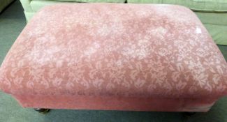 Mark Elliot pink/burgundy fabric covered rectangular large foot stool with four turned legs and