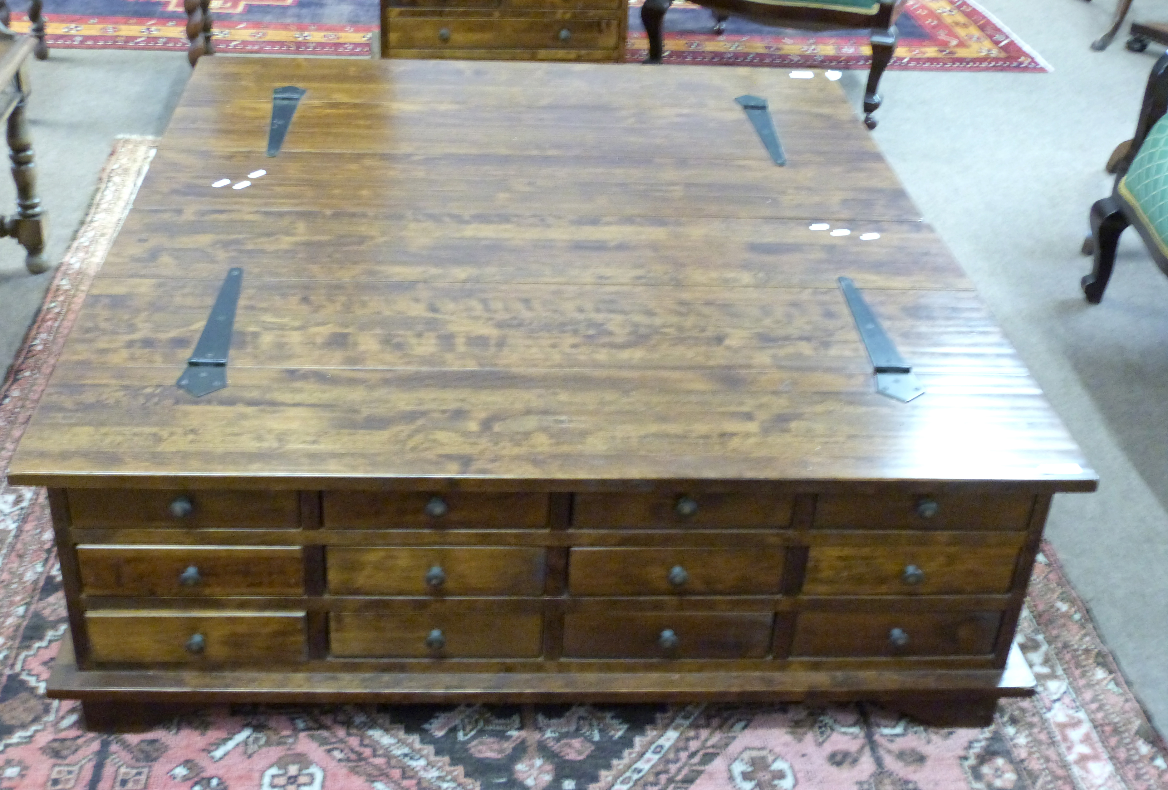 Pair of 20th century hardwood multi-drawer/lifting top chests/coffee tables, 118cm wide x 67cm - Image 2 of 4