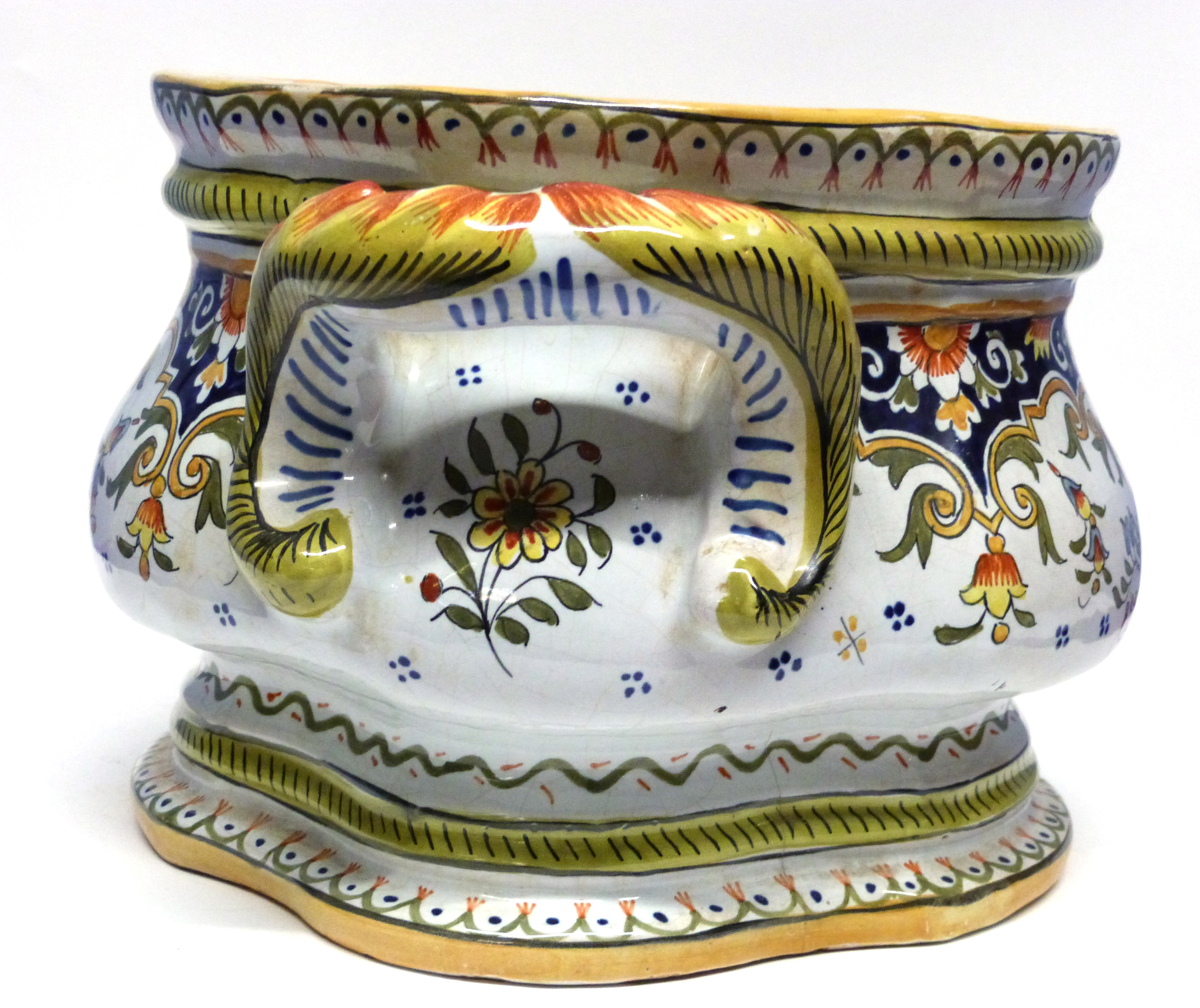 Large French faience jardiniere, decorated in typical fashion with factory marks to base, 25cm diam - Image 2 of 2