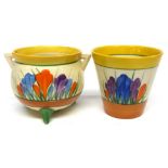 Clarice Cliff cauldron painted with the Crocus pattern, together with a small beaker, also in the