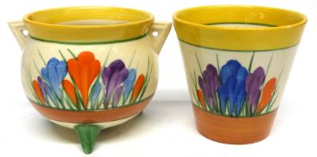 Clarice Cliff cauldron painted with the Crocus pattern, together with a small beaker, also in the