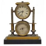 Clock and barometer on rectangular metal base, flanked by temperature gauges, 19cm high