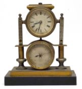 Clock and barometer on rectangular metal base, flanked by temperature gauges, 19cm high