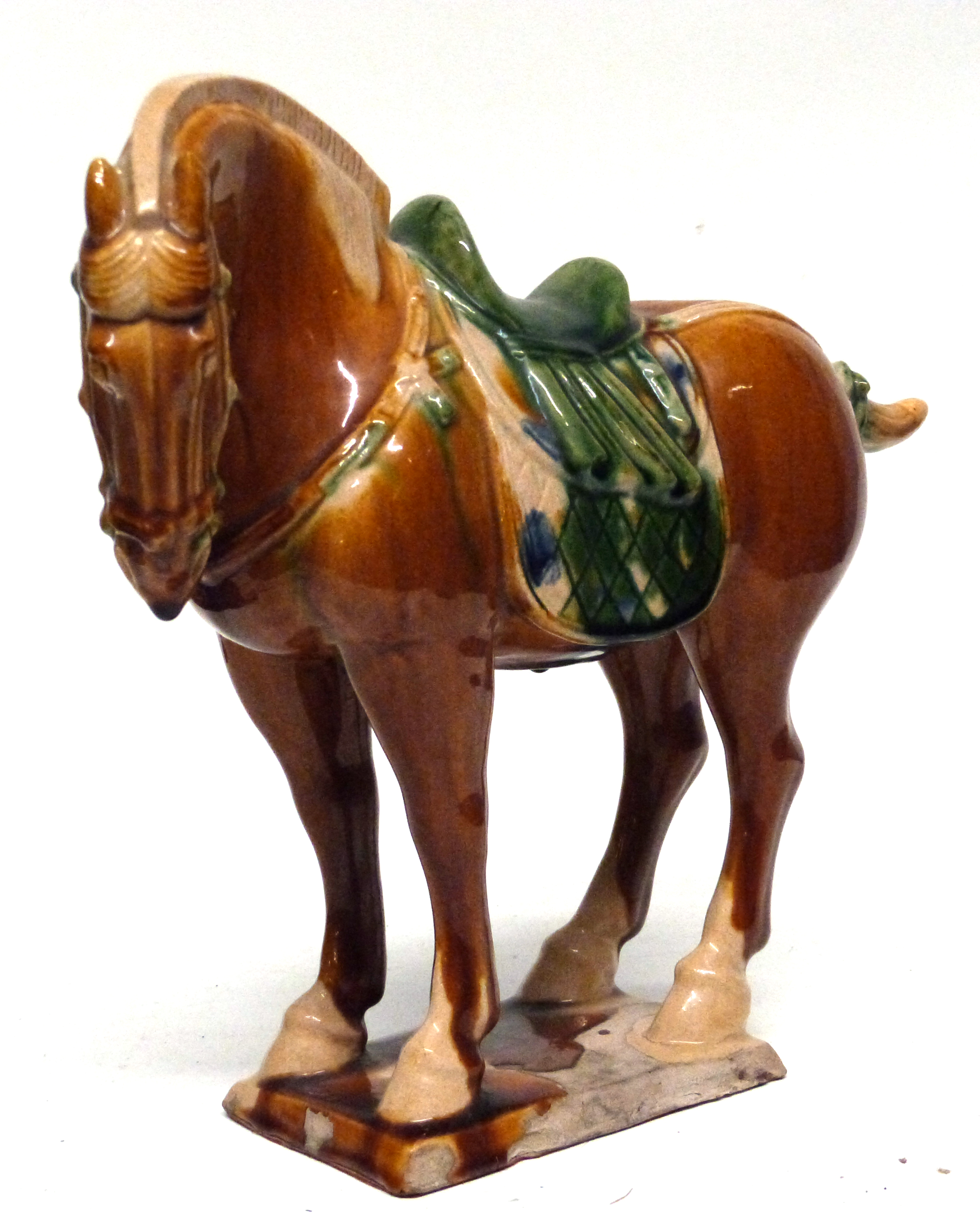 Replica of a Chinese Tang period horse in typical colours of brown and green on rectangular base, - Image 2 of 3