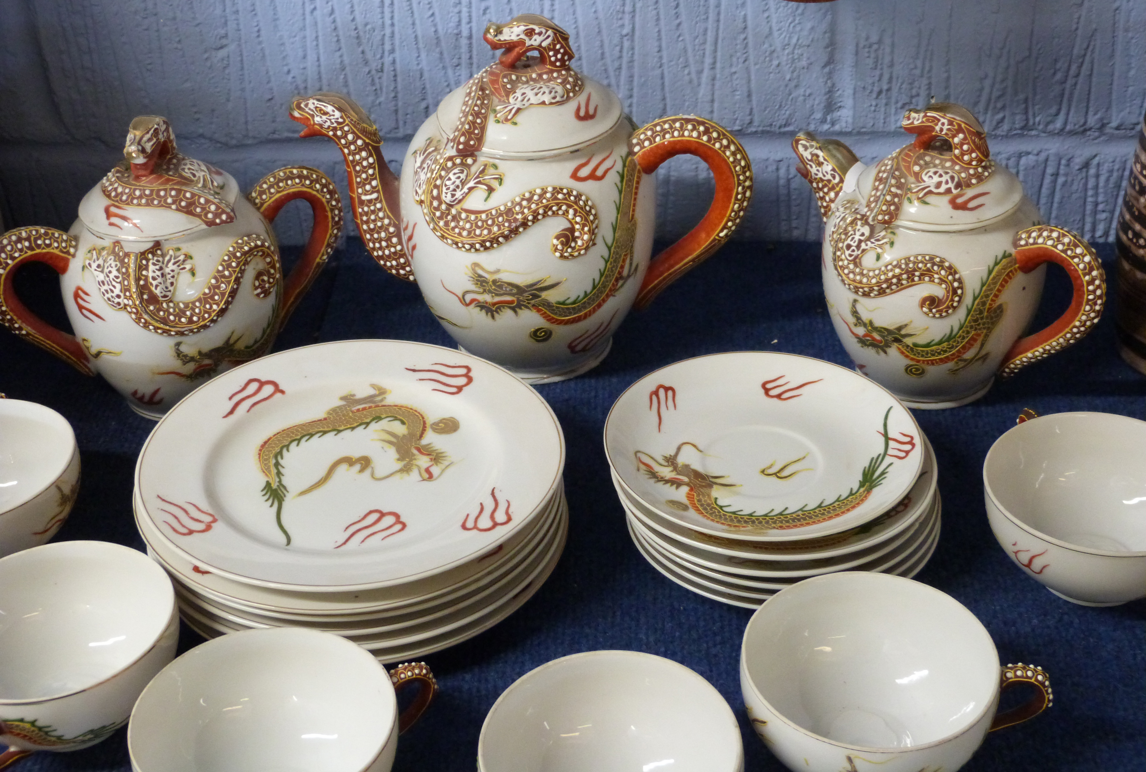 Mid-20th century Japanese porcelain tea set, the cups with a lithophane of a geisha girl in the - Image 2 of 4