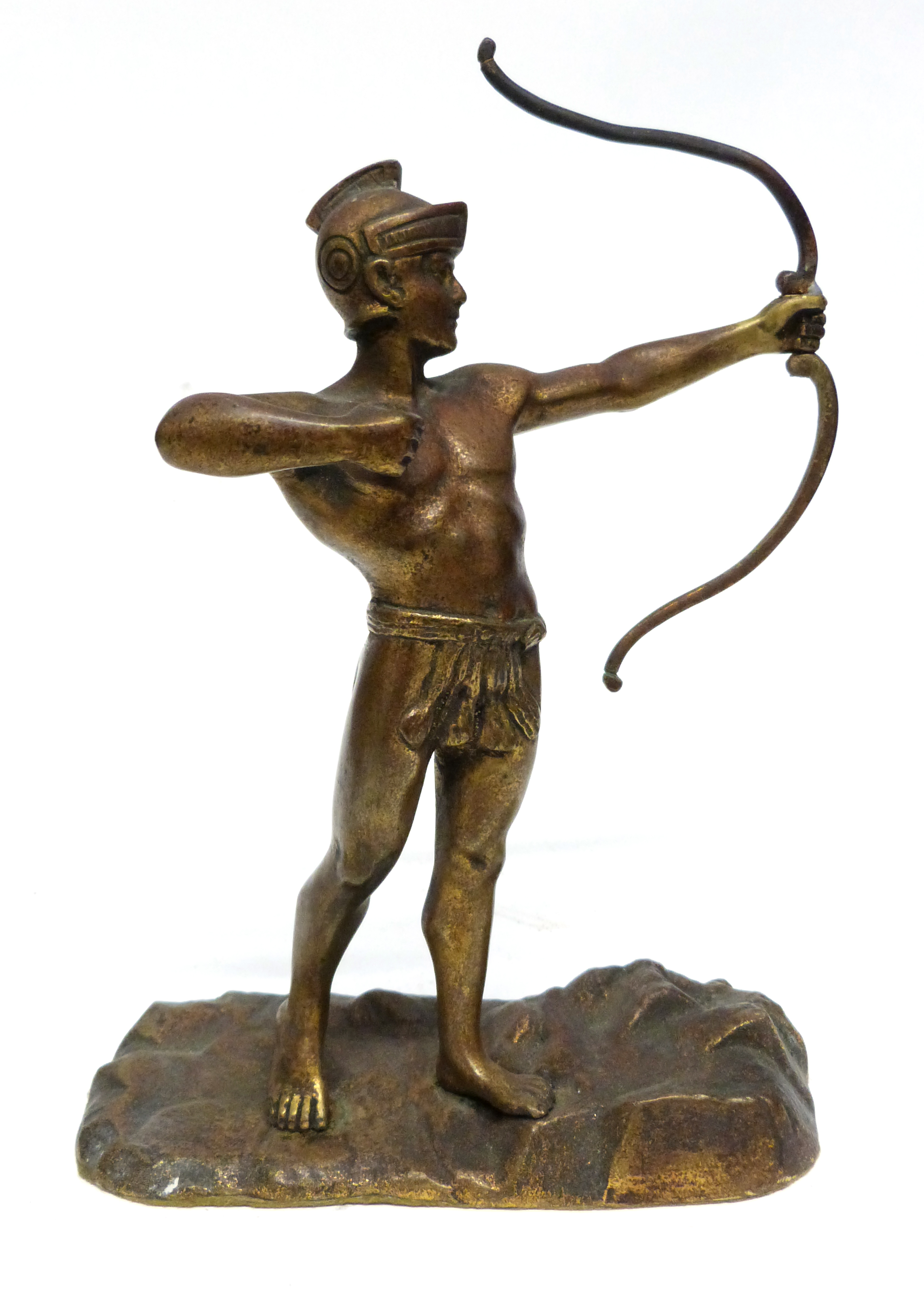 Gilt brass model of an archer in typical pose on rocky base (repair to bow), 20cm high