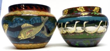 Pair of Foley Intarsio bowls, one decorated with a fish design, the other with a panel of geese,