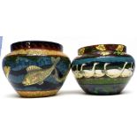 Pair of Foley Intarsio bowls, one decorated with a fish design, the other with a panel of geese,