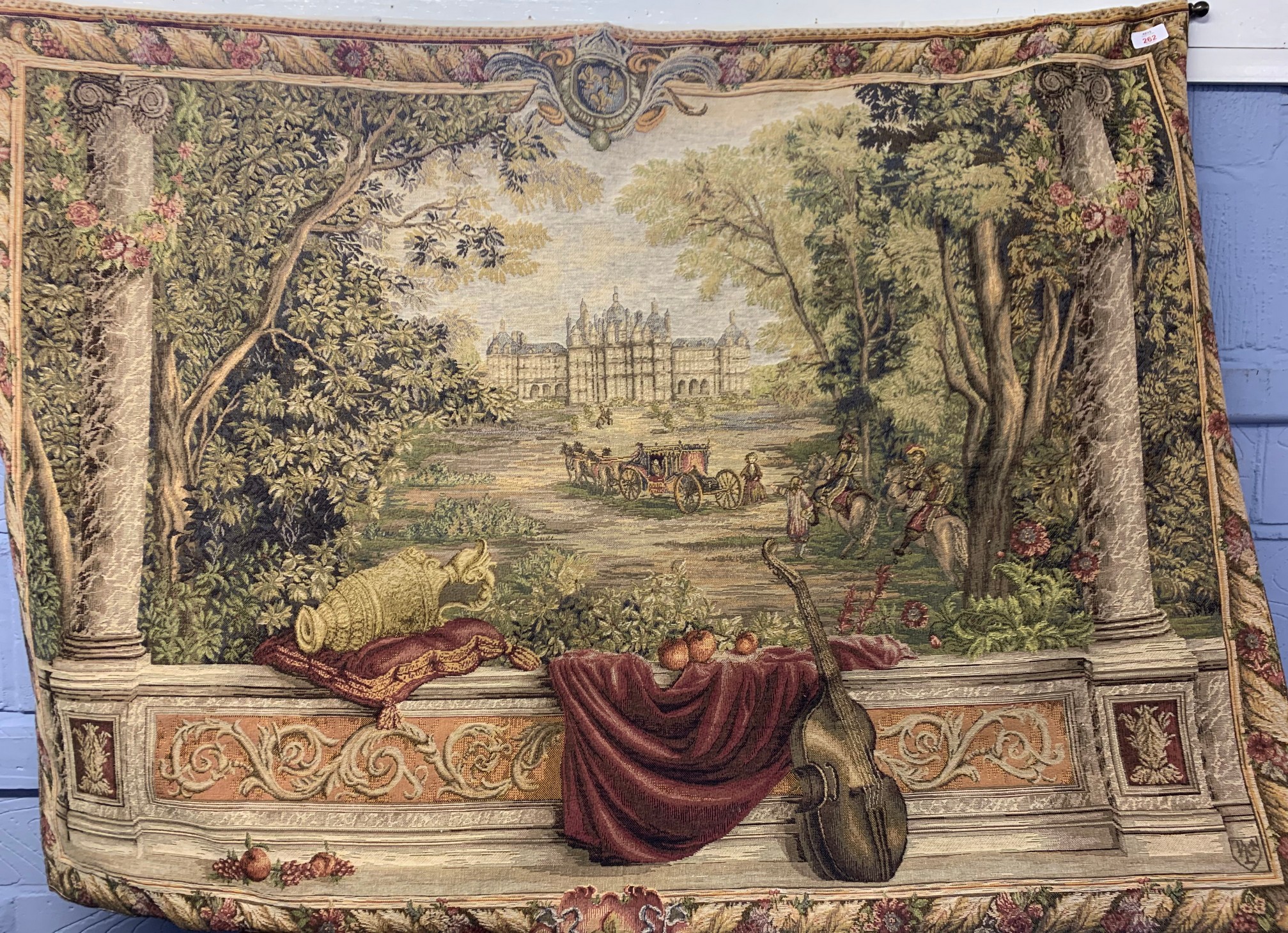 20th century machine tapestry depicting a coach and four before a country mansion, with metal