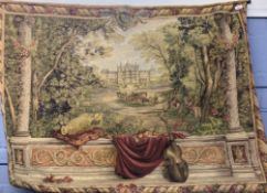 20th century machine tapestry depicting a coach and four before a country mansion, with metal