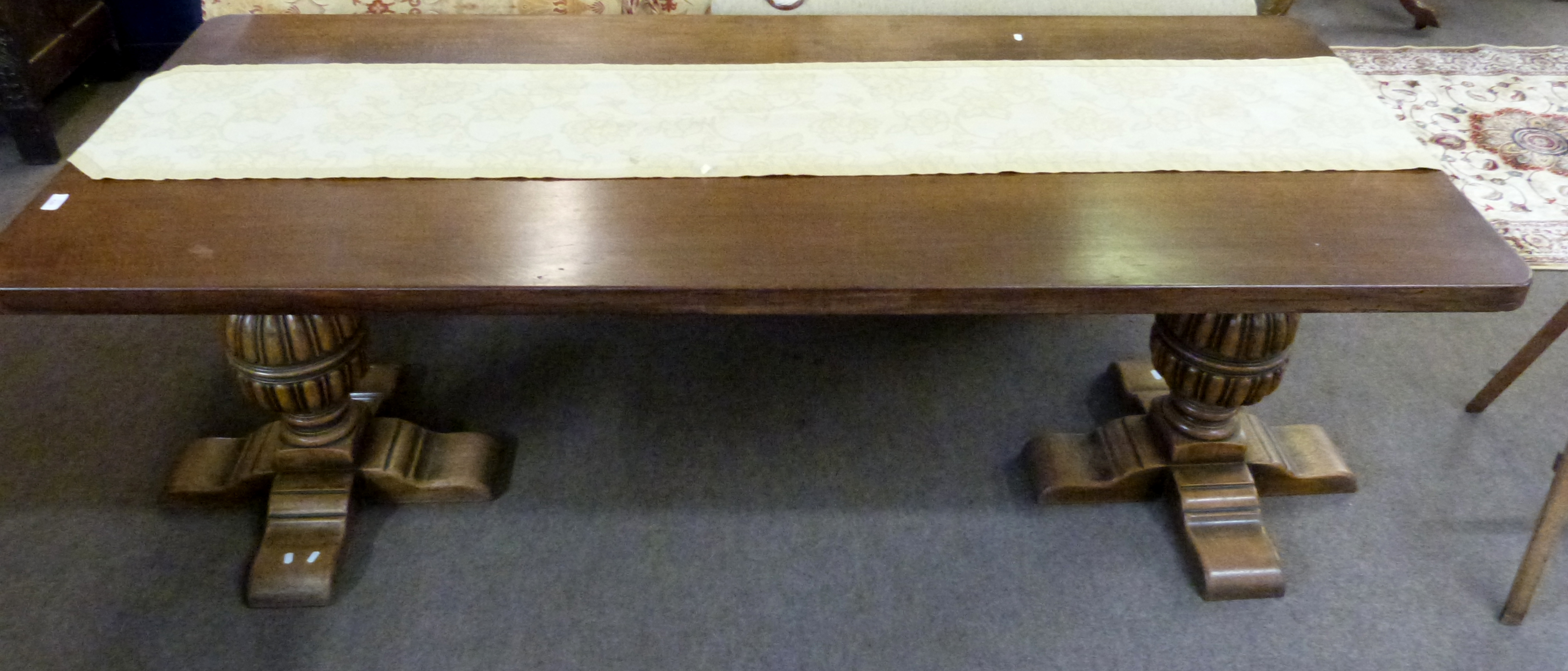 20th century solid oak small refectory dining table with plain three-section top supported on two - Image 2 of 3
