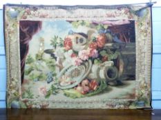 20th century machine tapestry depicting groups of flowers, vase and a mandolin on a terrace,