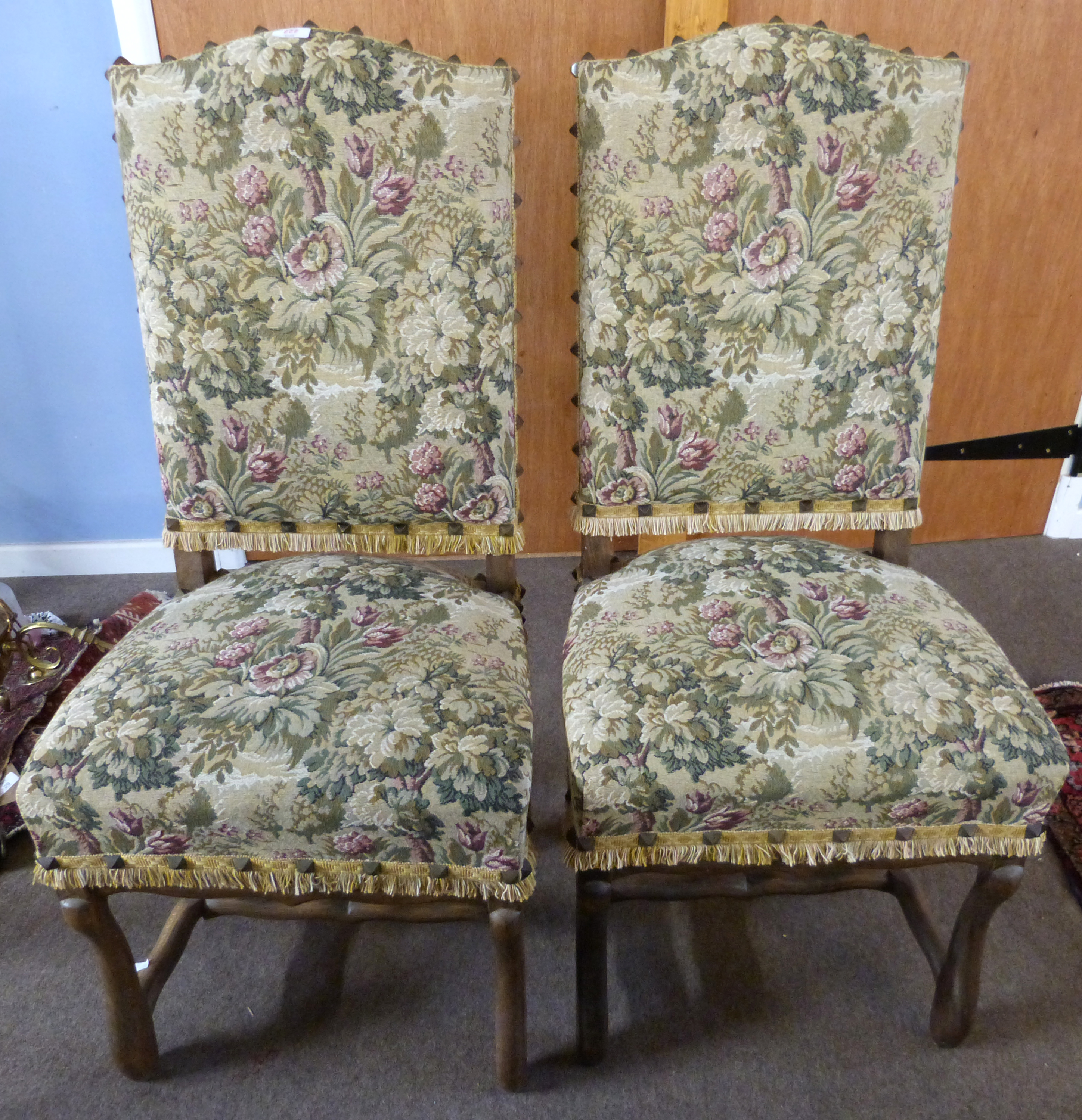 Set of six French style hardwood framed dining chairs, the backs and seats upholstered in floral