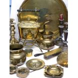 Quantity of brass wares including a kettle on stand, vase stamped ASD 1941, a small measure for