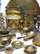 Quantity of brass wares including a kettle on stand, vase stamped ASD 1941, a small measure for