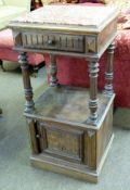 Late Victorian walnut bedside stand with rouge marble inset top above a drawer and door, open