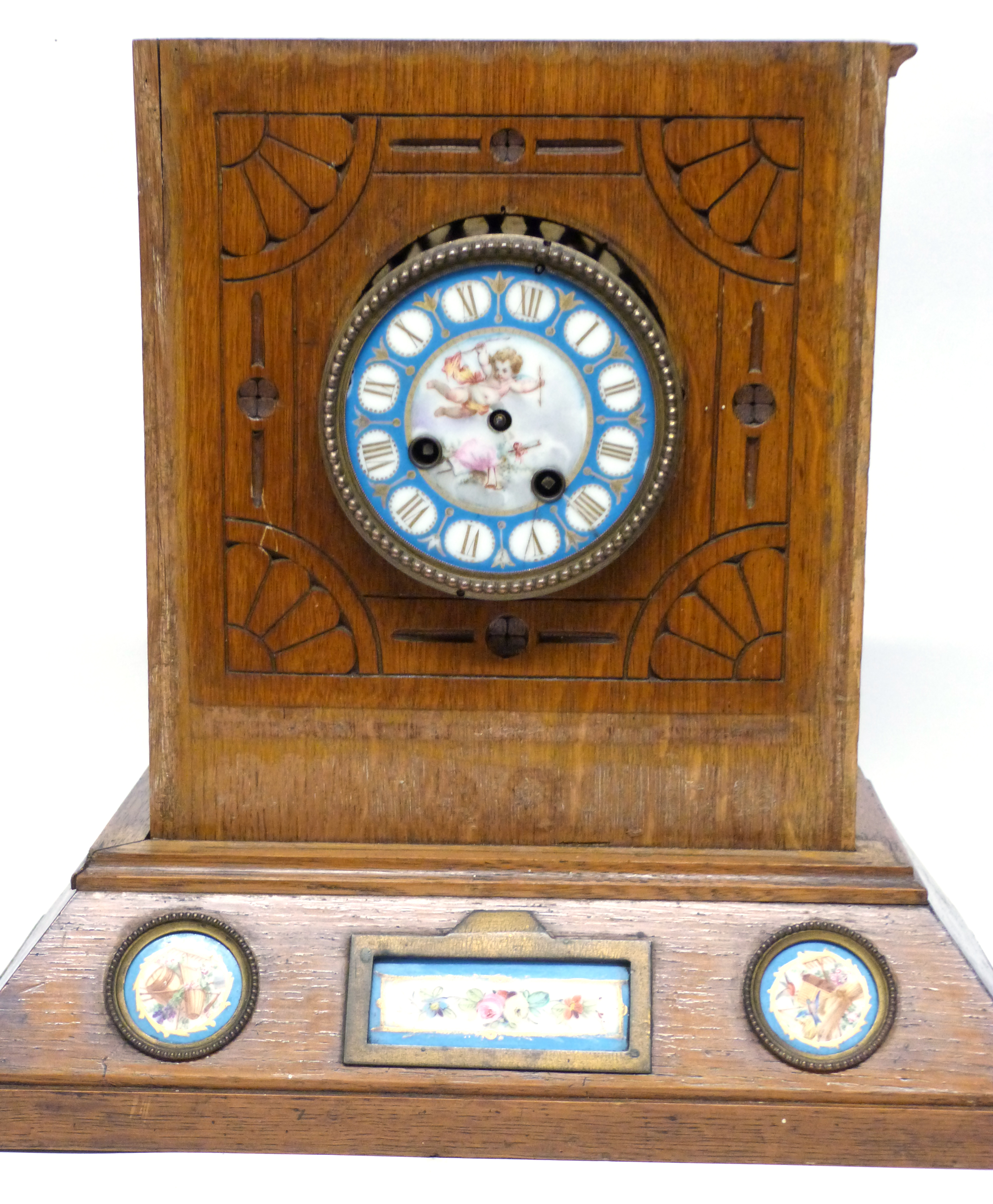 Sevres style clock with dial and inset into a light oak wooden frame, etched with an Art Nouveau - Image 3 of 3