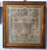 Sampler worked by Hannah Simms aged 12 dated 1856, with Biblical verse and surrounded by flowers