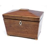 Regency style caddy with ivory inlaid escutcheon and wooden bun feet, 19cm long