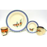 Clarice Cliff plate and conical cup and saucer in the Windbells pattern with Fantasque back stamp,