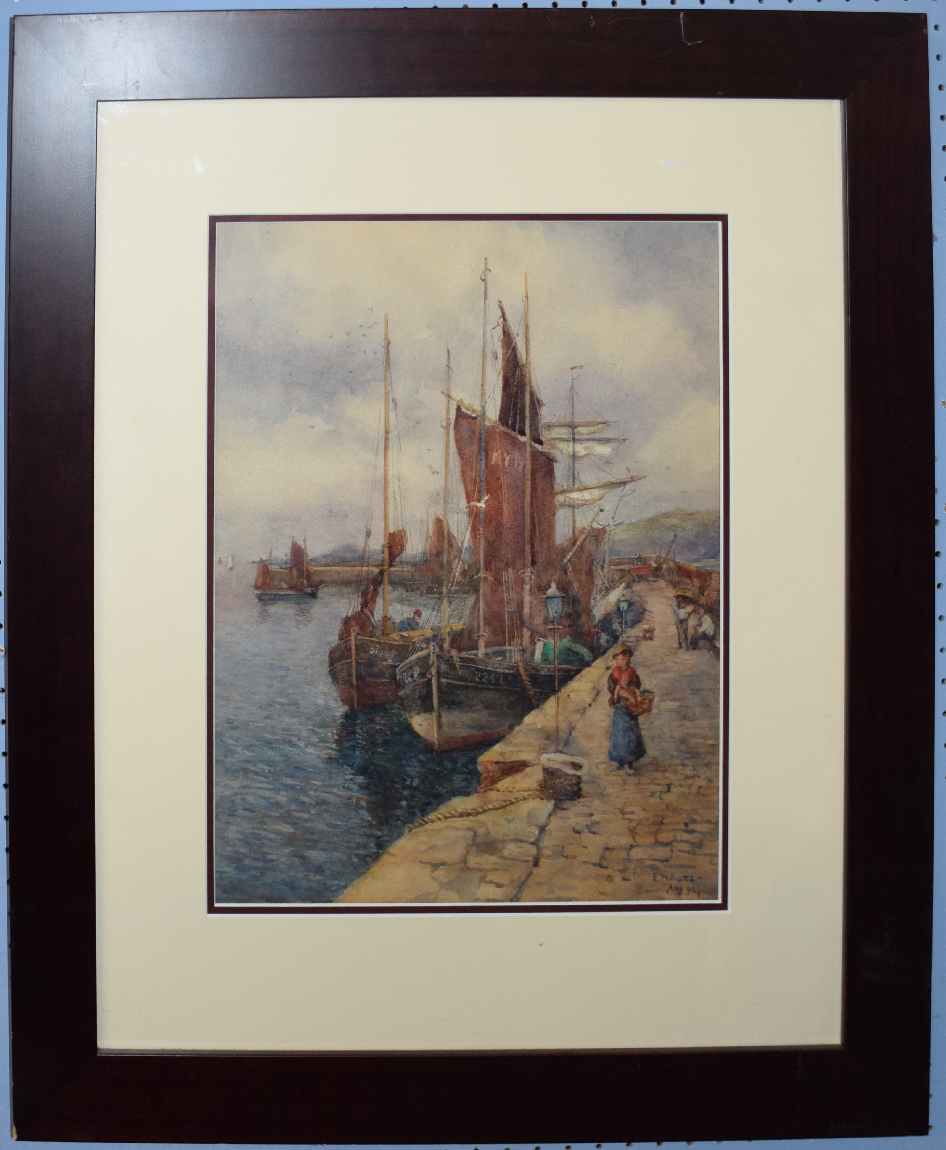 E Williams, Harbour scene with figures, watercolour, signed and dated Aug 98 lower right, 39 x 30cm