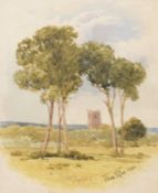 Thomas Pyne, Distant view of Dedham, watercolour, signed and dated 1896 lower right, 14 x 10cm