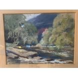 A A Clayton, River scene with angler, pastel, signed lower left, 27 x 37cm