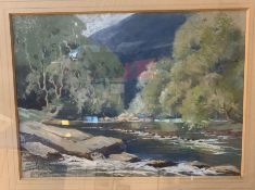 A A Clayton, River scene with angler, pastel, signed lower left, 27 x 37cm