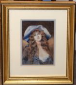 Victorian School, Half-length portrait of a young lady wearing a wide brimmed hat, watercolour, 22 x
