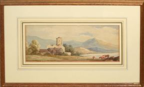 Attributed to David Cox, Landscape with lake and mountains, watercolour, indistinctly initialled and