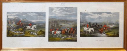 After W J Shayer, "The Find", "The Meet", "The Brook", triptych hunting print circa 1884, overall