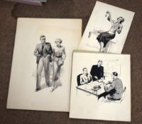 Sadgrove, advertising designs, group of 3 black and white illustrations, all signed, assorted sizes,