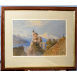 Edgar E West, Continental hilltop castle, watercolour, signed lower right, 29 x 49cm