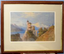 Edgar E West, Continental hilltop castle, watercolour, signed lower right, 29 x 49cm